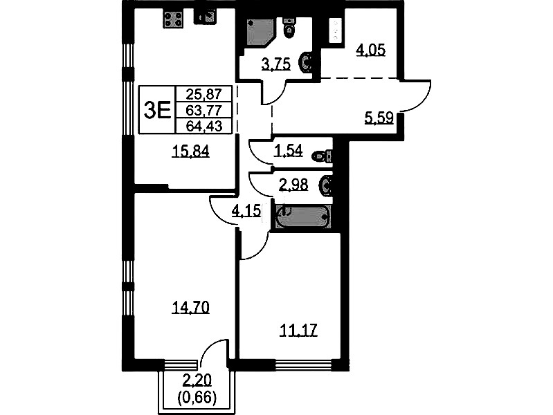 2-комнатная квартира 64.43 м², 6/18 эт., ЖК «Невская Долина»